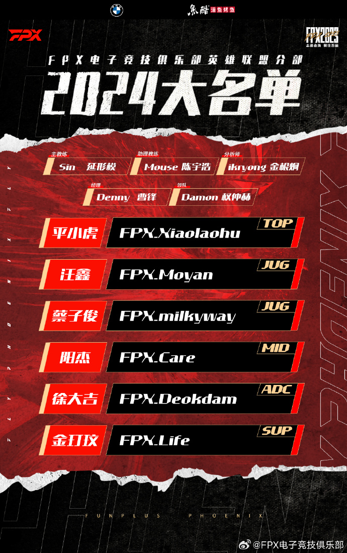 FPX宣布2024赛季阵容：引进韩援下路双人组和打野选手