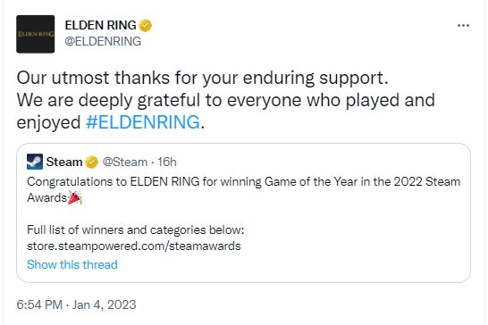 《老头环》获得Steam年度大奖年度最佳 发文致谢